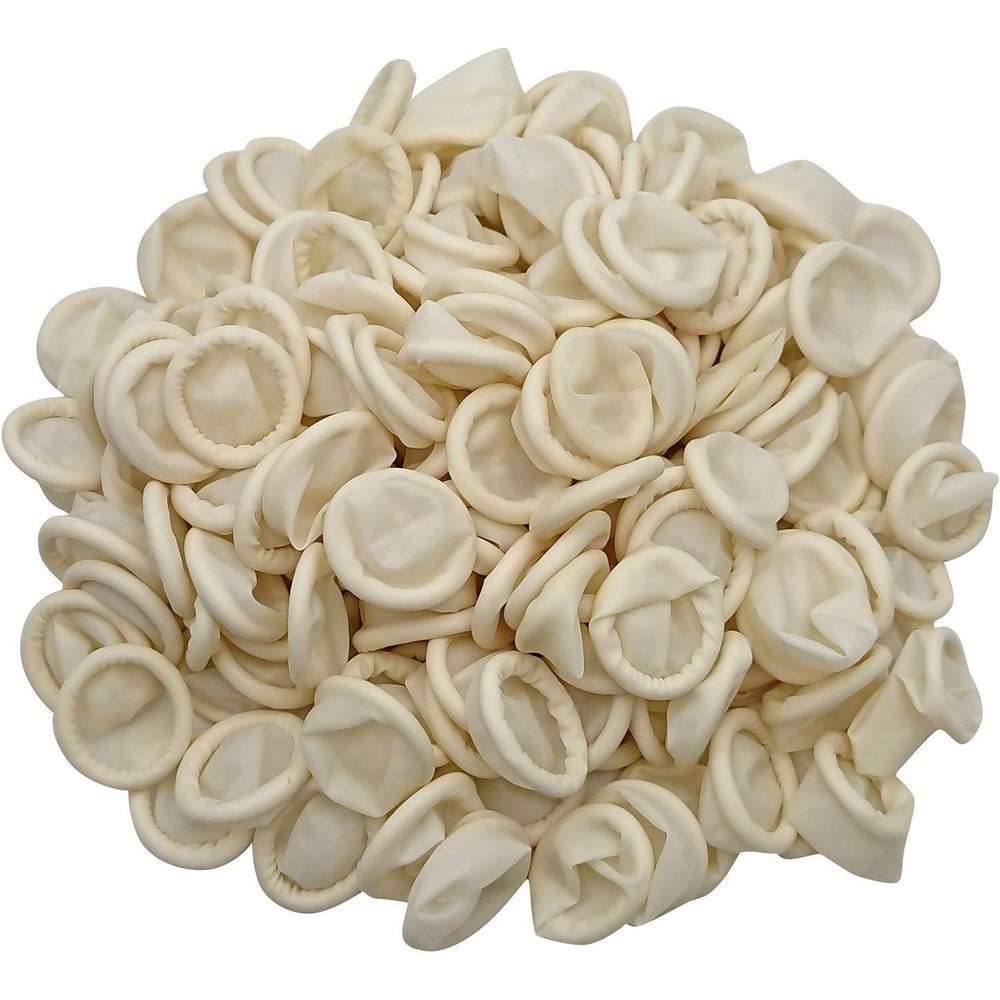Hulless medium latex finger cots front view of 210 piece pack for electronics repair