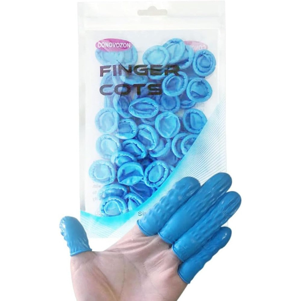 Conovozon medium disposable nitrile finger cots front view showing blue rolled protectors