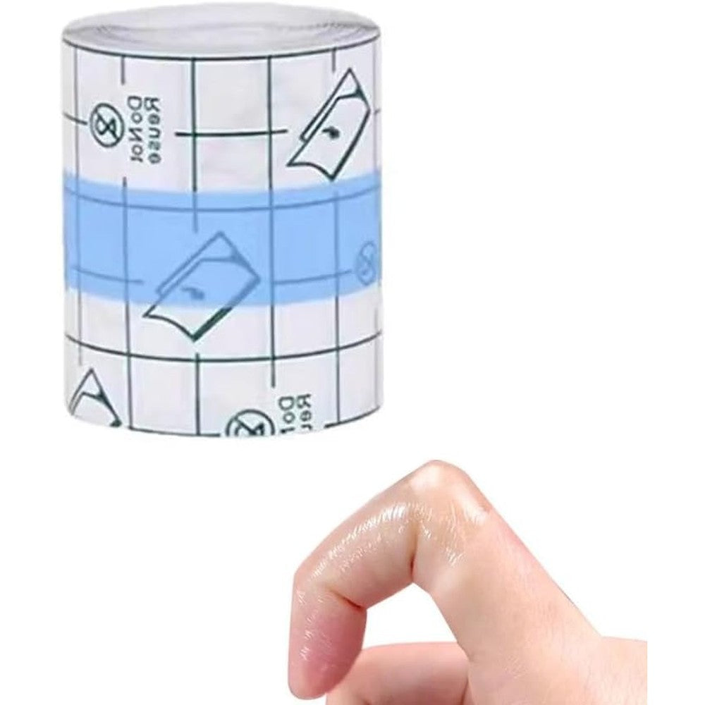DeaHea Finger Tape cracked hands patches front view on roll showing transparent film texture.
