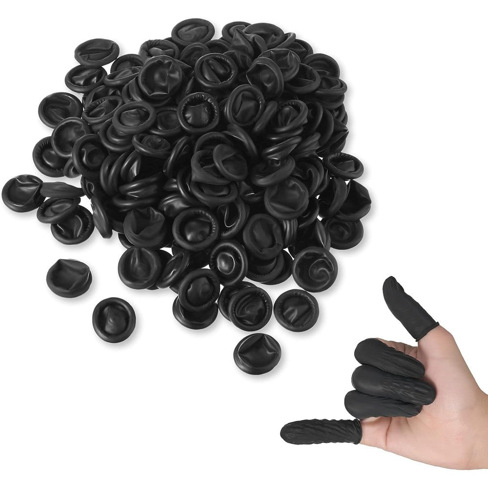 Lauwell disposable latex finger cots 400 count package front view showing black protective fingertips gloves.