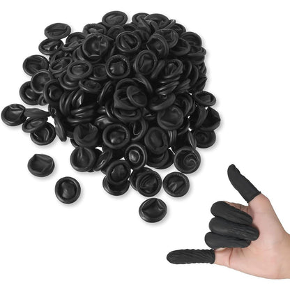 Lauwell disposable latex finger cots 400 count package front view showing black protective fingertips gloves.