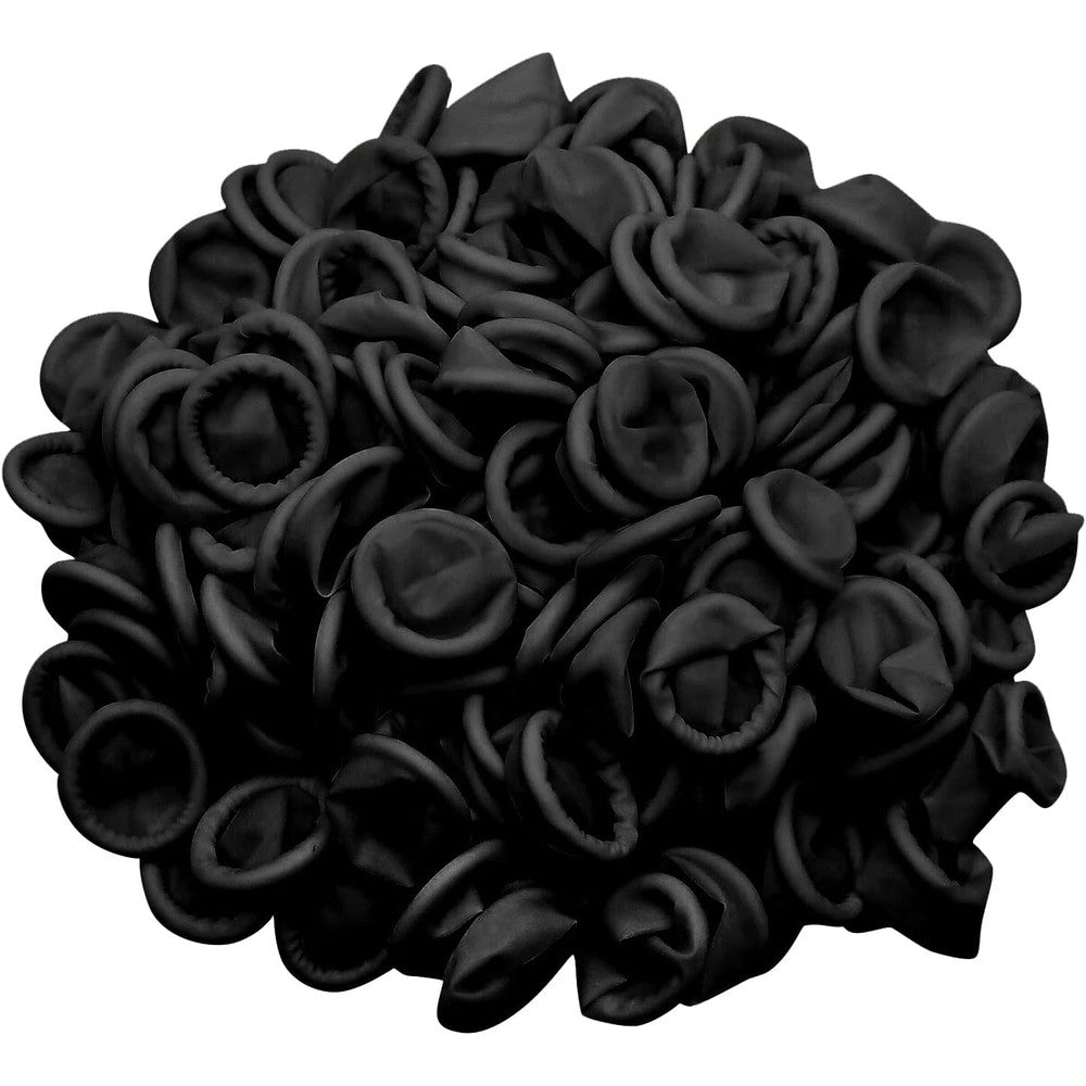 WANBAO disposable latex finger cots front view showcasing pack of four hundred black fingertip guards