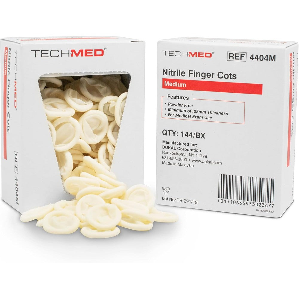 Dukal Tech-Med Nitrile Finger Cot Medium Pack of 144 front box view medical grade supplies