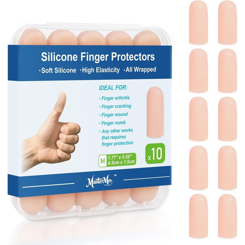 MasterMo gel finger cots front view showing ten nude silicone finger protectors for pain relief.