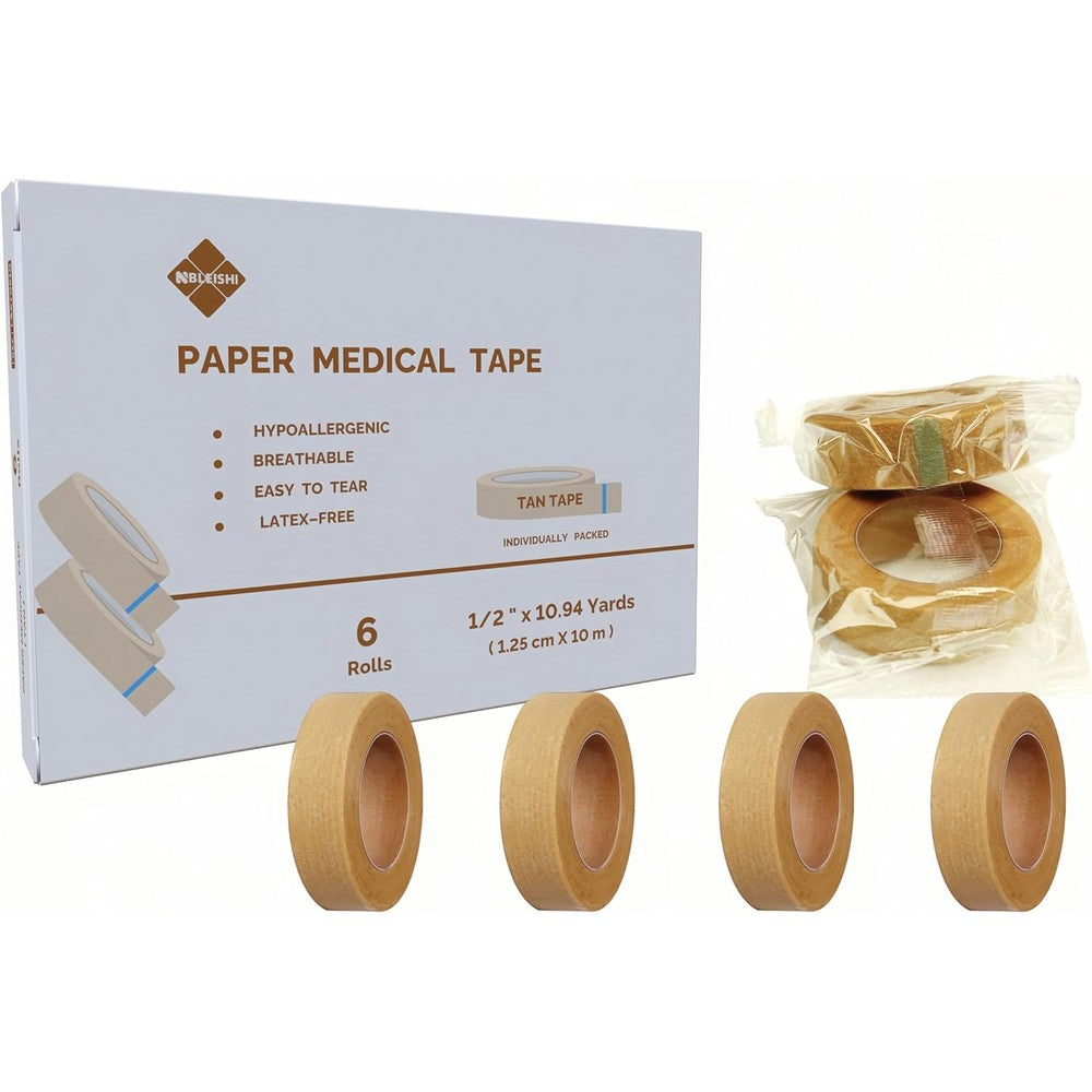 NBLEISHI hypoallergenic soft paper medical tape front view showing six rolls