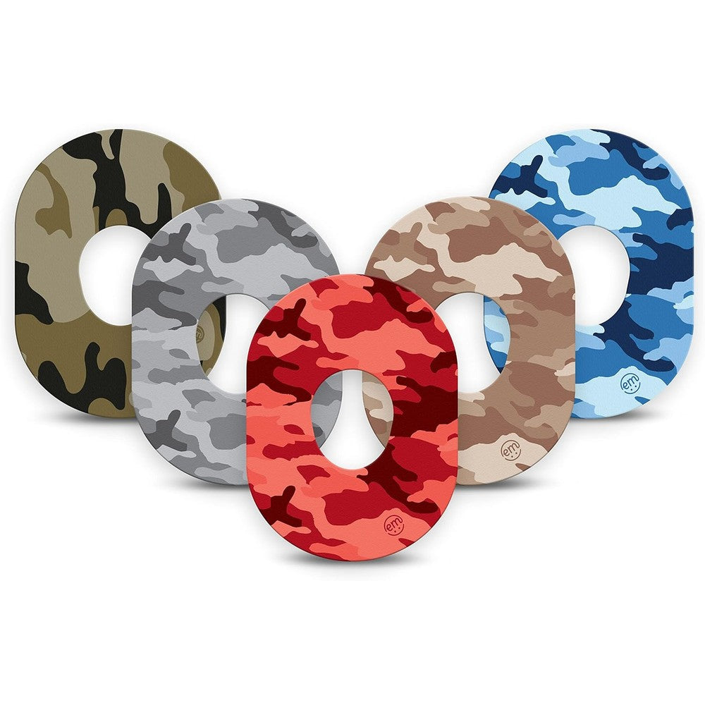 ExpressionMed adhesive patches for Dexcom G7 front view camo patterns