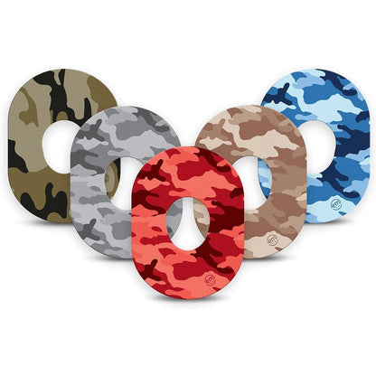 ExpressionMed adhesive patches for Dexcom G7 front view camo patterns