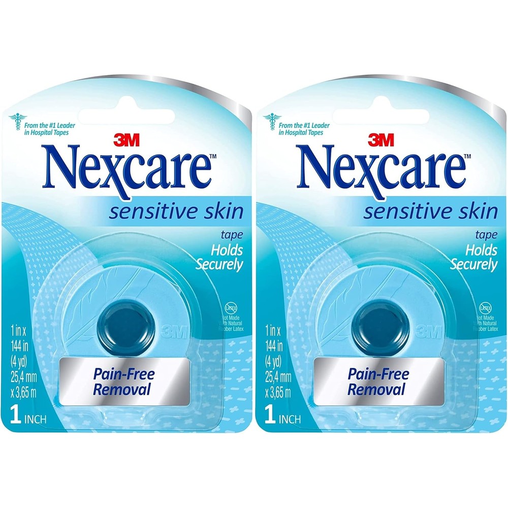 Nexcare Sensitive Skin Low Trauma Tape front view packaging for gentle medical care.