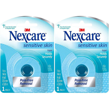 Nexcare Sensitive Skin Low Trauma Tape front view packaging for gentle medical care.