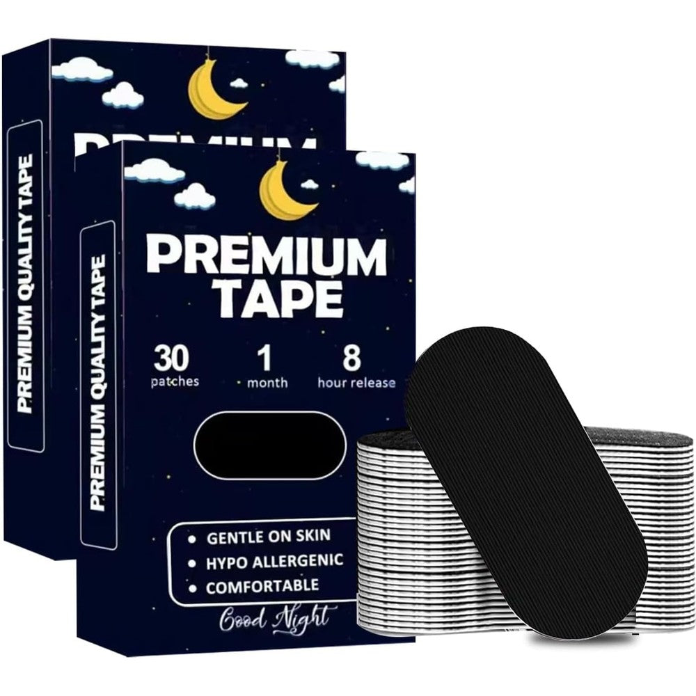 Oxyglobe premium comfort tape front view of packaging showing sixty pre cut strips for sleep and sports.