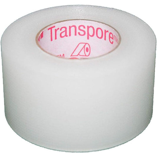 3M Healthcare Transpore surgical tape roll front view for secure medical dressing attachment.