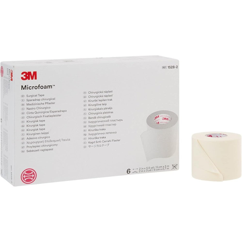 3M Microfoam Surgical Tape front view of box of six rolls for medical use