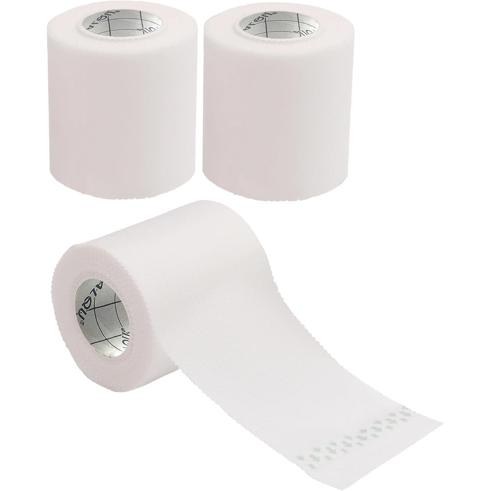 Healqu silk like medical tape three rolls packaging front view showing premium woven cloth surgical tape for dressings