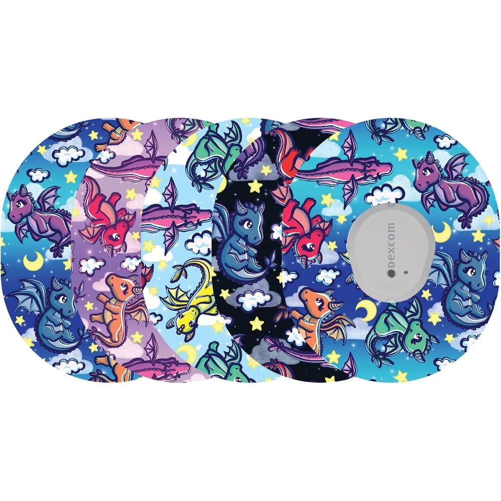 Glucomart adhesive patches for Dexcom G7 in cute dragons design front view pack