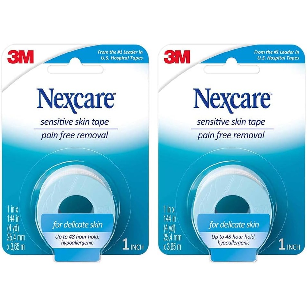 3M Nexcare Sensitive Skin Medical Tape front packaging view showing two blue rolls of low trauma silicone adhesive tape.