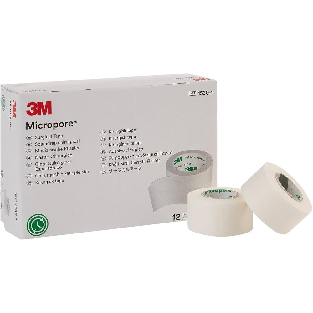 3M Micropore Paper Surgical Tape box front view showcasing authentic packaging.