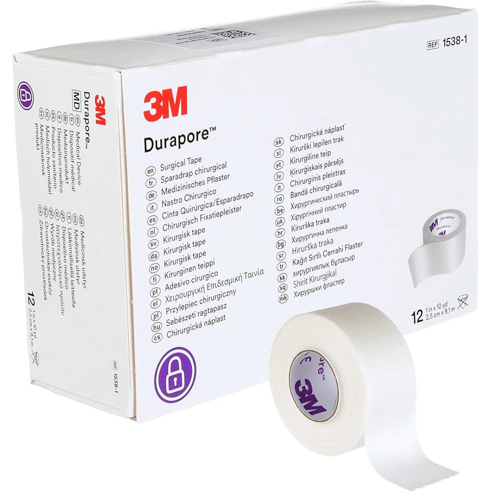 3M Durapore Medical Tape front view of the packaging box showing twelve white rolls of silk like surgical tape.
