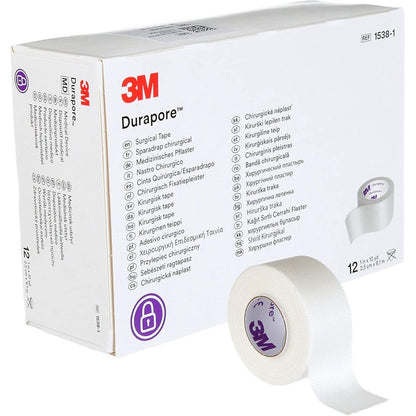 3M Durapore Medical Tape front view of the packaging box showing twelve white rolls of silk like surgical tape.