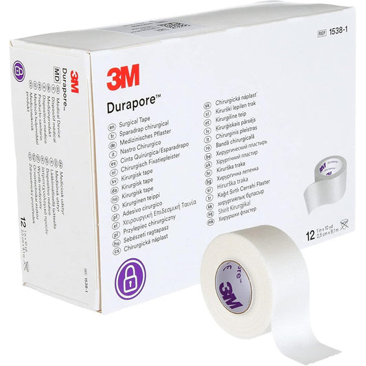 3M Durapore Medical Tape front view of the packaging box showing twelve white rolls of silk like surgical tape.