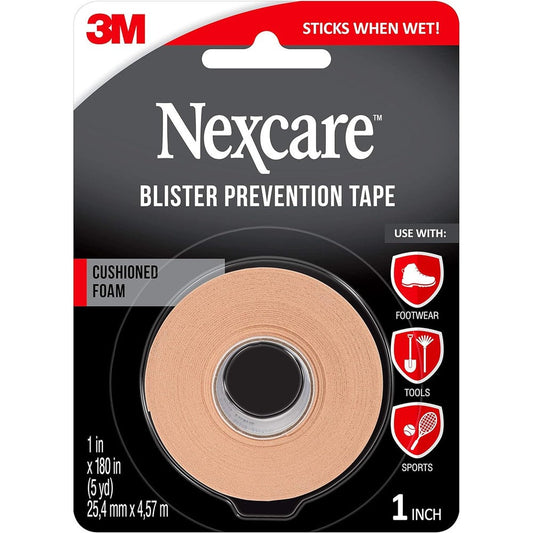 Nexcare Blister Prevention Tape packaging front view showcasing one inch by five yards roll