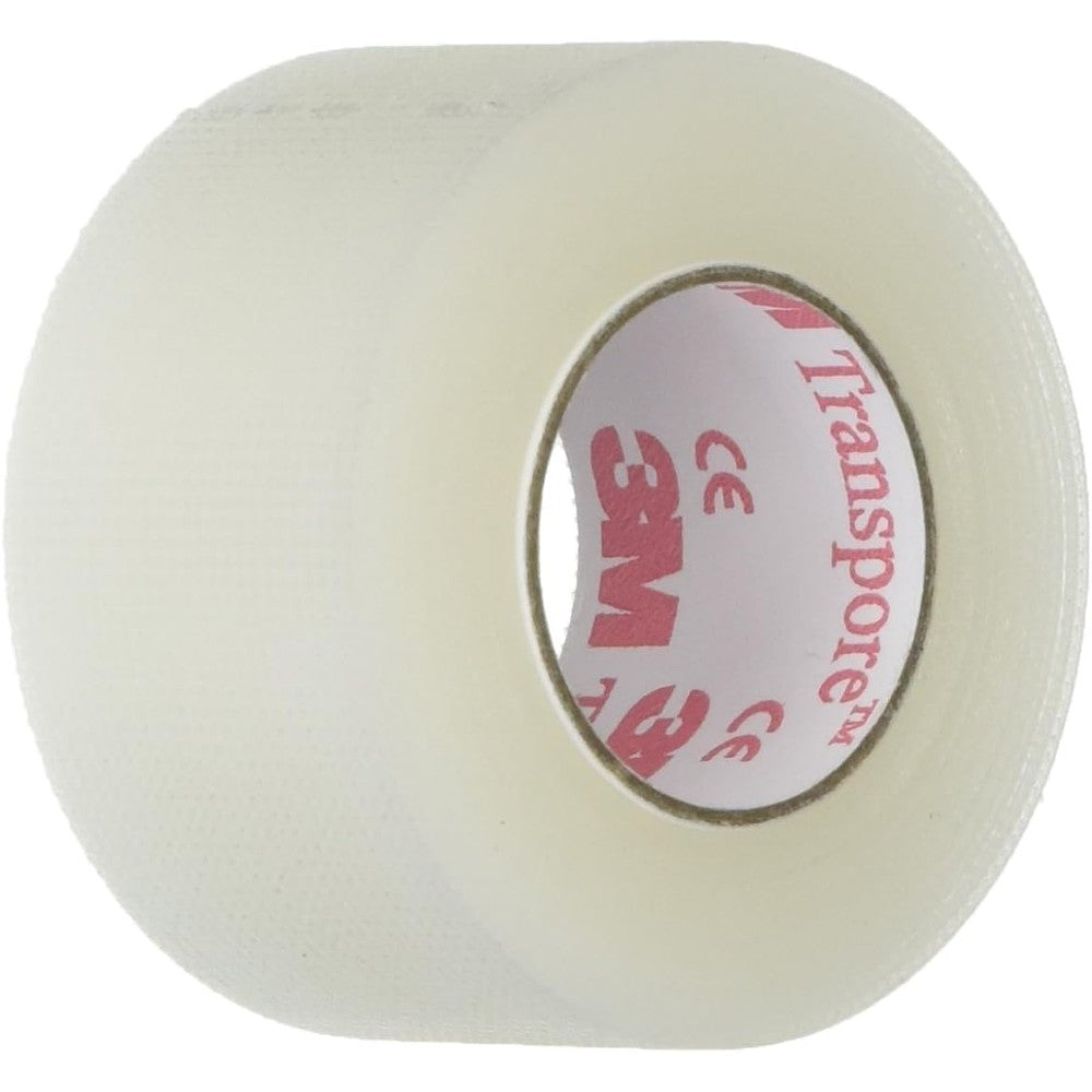3M Transpore Clear First Aid Tape front view showing transparent surgical adhesive rolls for secure medical dressing hold.