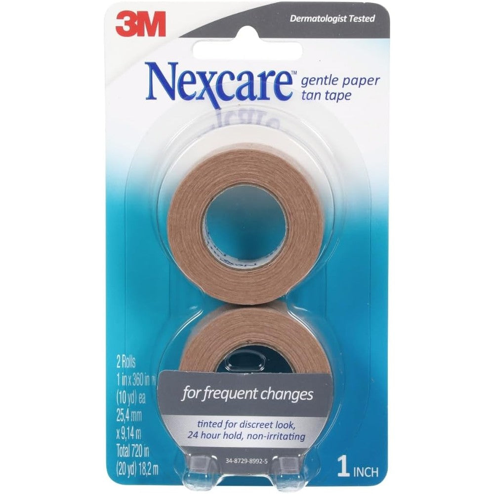 Nexcare Gentle Paper First Aid Tape Tan two pack front view packaging