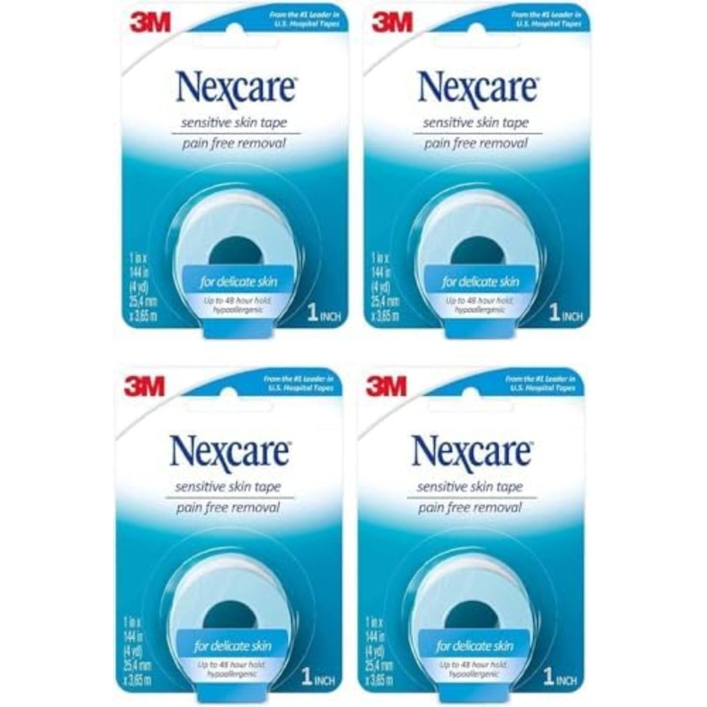 3M Nexcare Sensitive Skin Low Trauma Tape front view of four pack box packaging