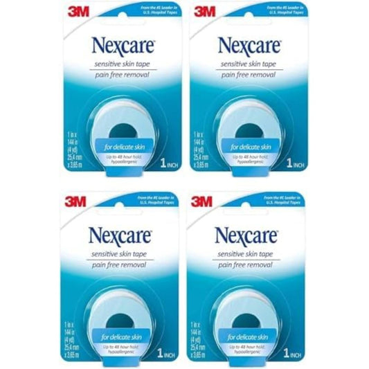 3M Nexcare Sensitive Skin Low Trauma Tape front view of four pack box packaging