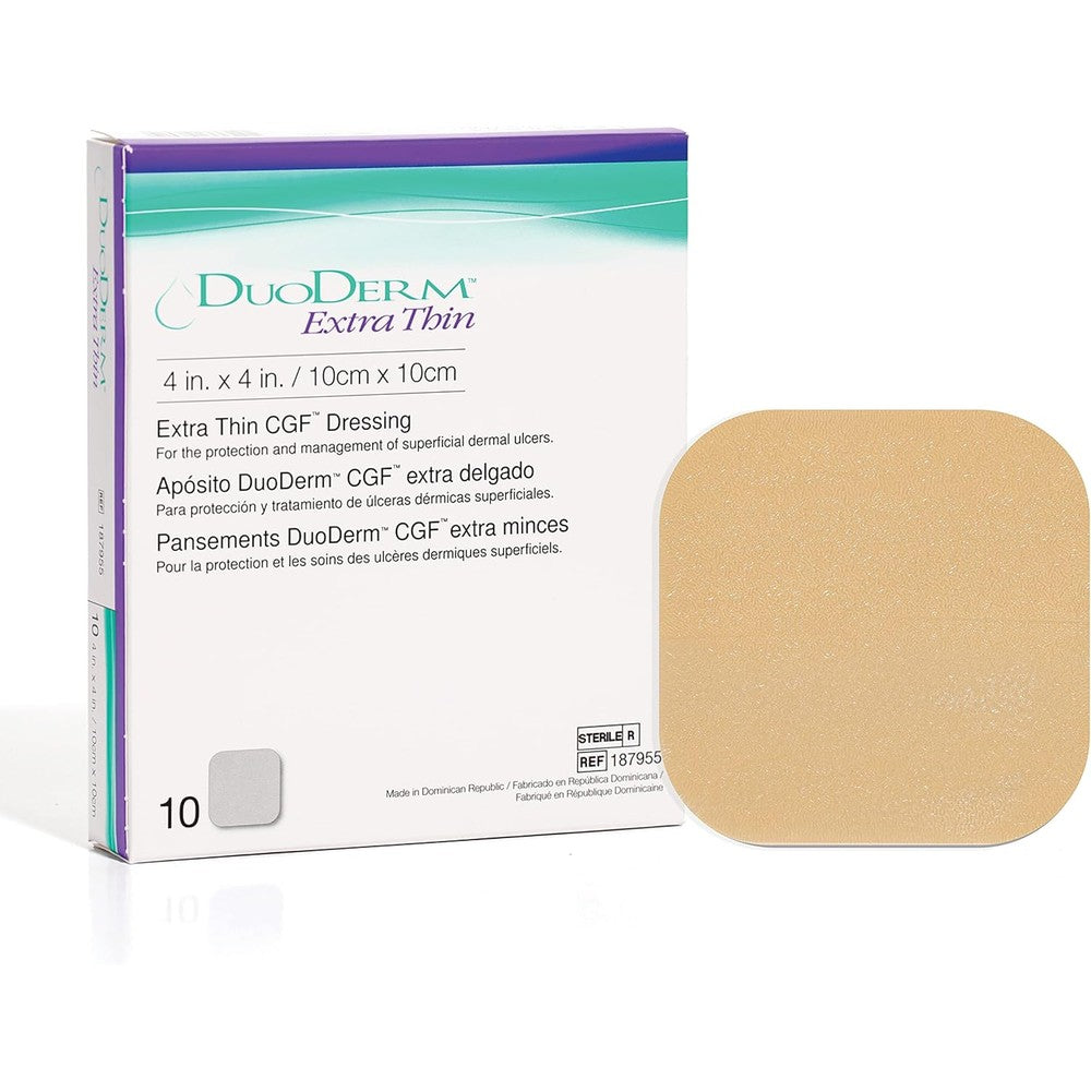 ConvaTec DuoDERM Extra Thin Hydrocolloid Dressing ten count retail box front view for medical wound care.