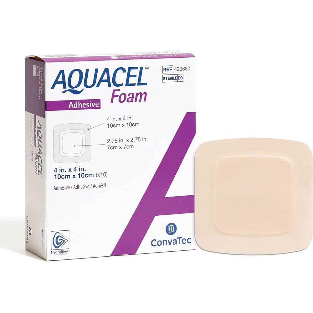 ConvaTec AQUACEL Foam Adhesive Wound Dressing front view of the medical packaging box.