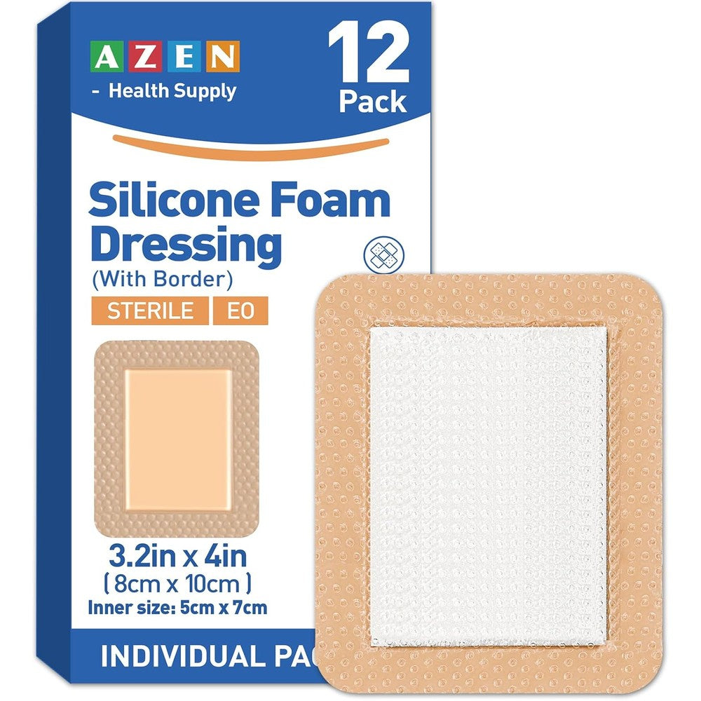 AZEN 12 Pack Silicone Foam Dressing front view of packaging for advanced wound care.