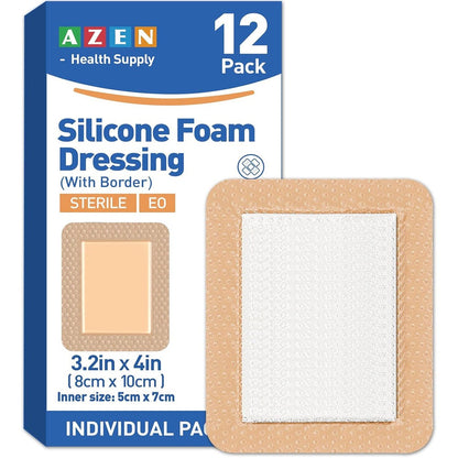 AZEN 12 Pack Silicone Foam Dressing front view of packaging for advanced wound care.