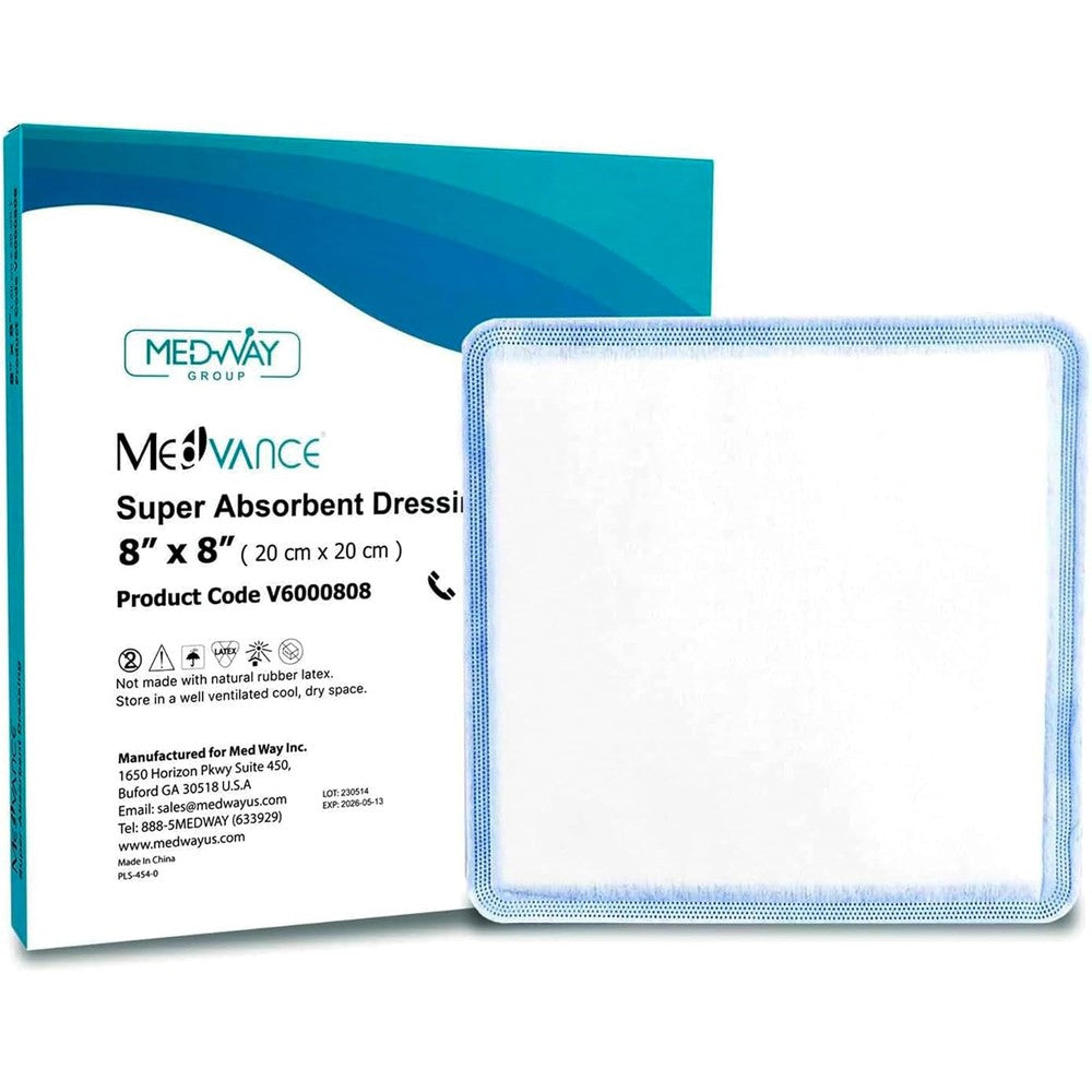 MedVance Super Absorbent Dressing box of five front view for medical wound care.