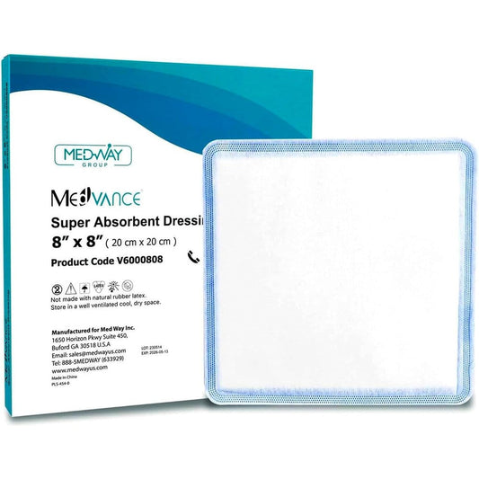 MedVance Super Absorbent Dressing box of five front view for medical wound care.
