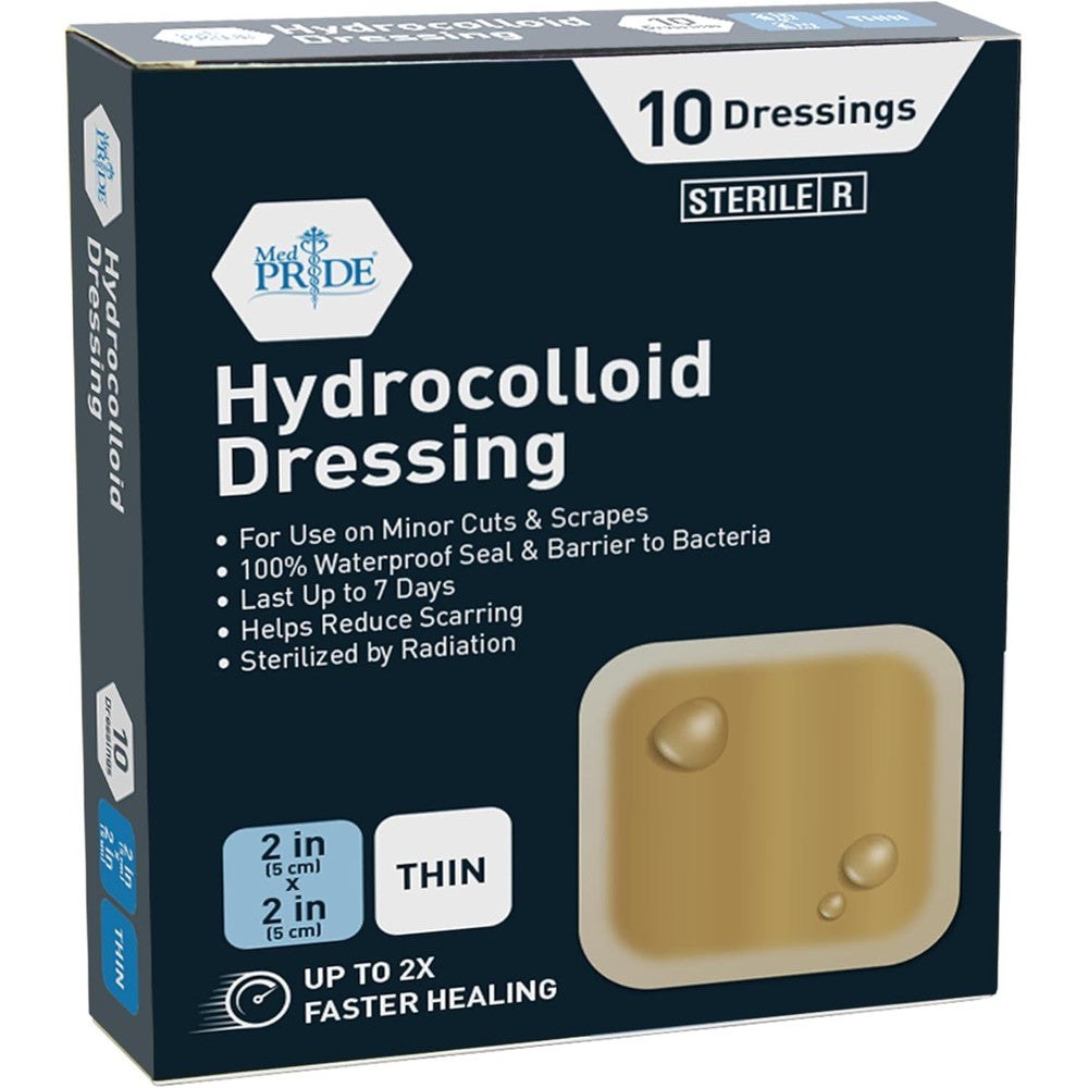 MED PRIDE hydrocolloid dressing wound pads front view package showing ten sterile adhesive patches.