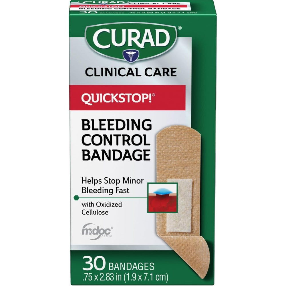 Curad QuickStop bleeding control flexible fabric bandages front packaging box view