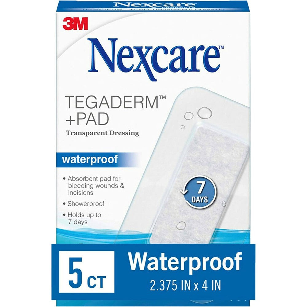 3M Nexcare Tegaderm Plus Pad Transparent Dressing front view of the 5 count packaging