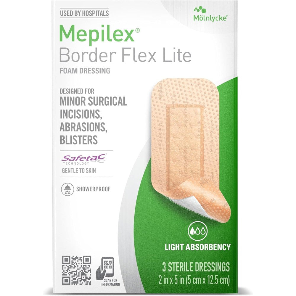 Mepilex Border Flex Lite 2x5 inch front packaging view for advanced wound care