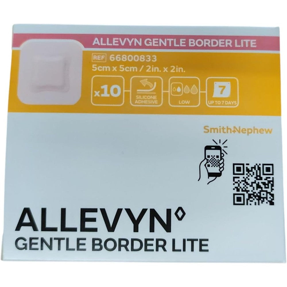Smith and Nephew ALLEVYN Gentle Border Lite box front view showing authentic advanced hydrocellular foam dressings.