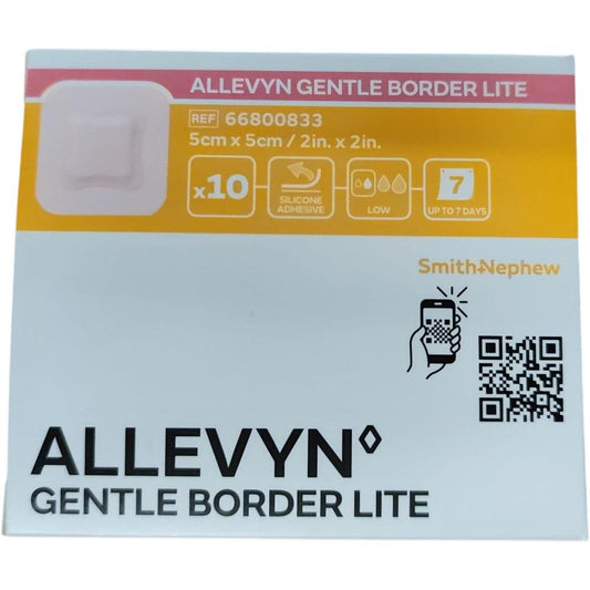 Smith and Nephew ALLEVYN Gentle Border Lite box front view showing authentic advanced hydrocellular foam dressings.
