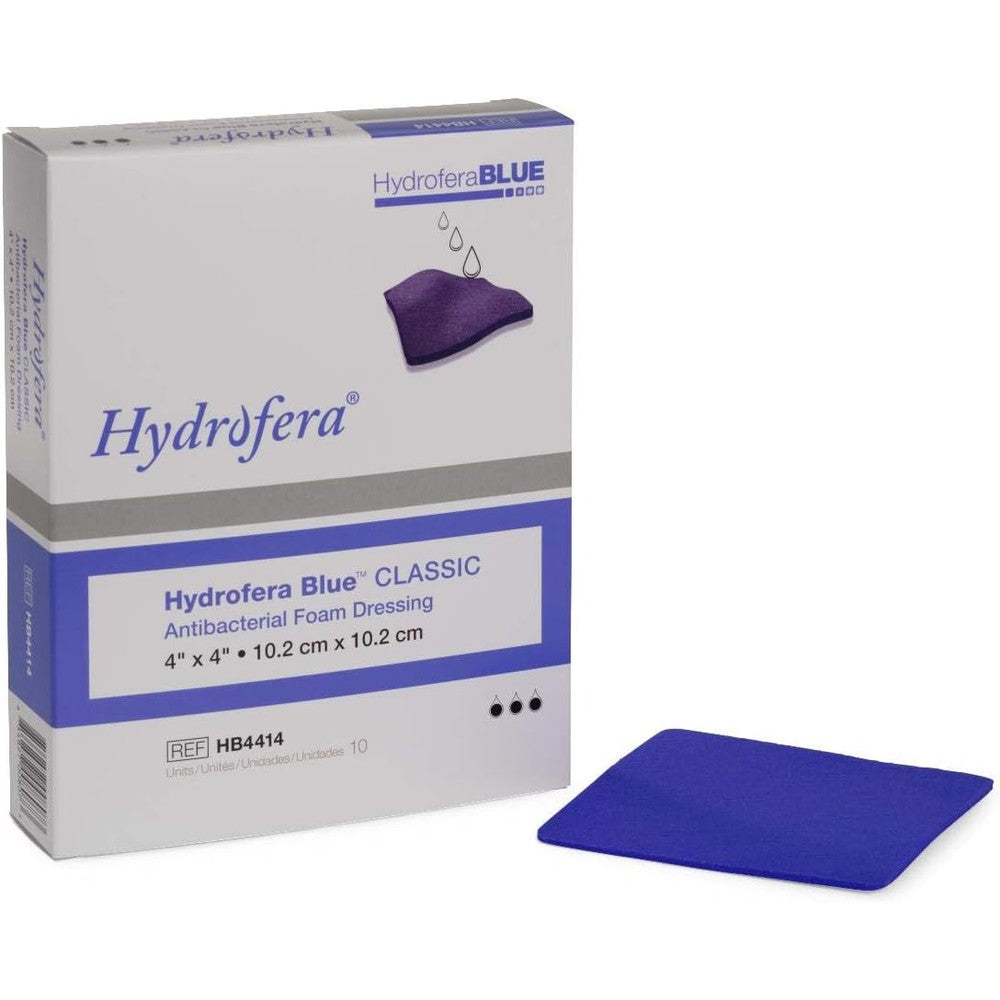 Hydrofera Blue Bacteriostatic Foam Dressing 4x4 box of 10 pack front view authentic USA import wound care sponge