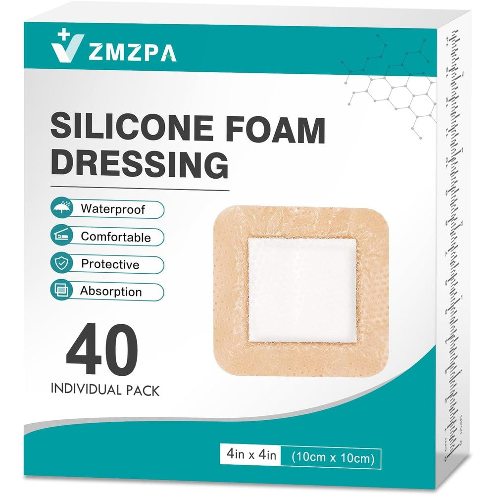 ZMZPA silicone foam dressing 4x4 front view of individual packaging for sterile wound care