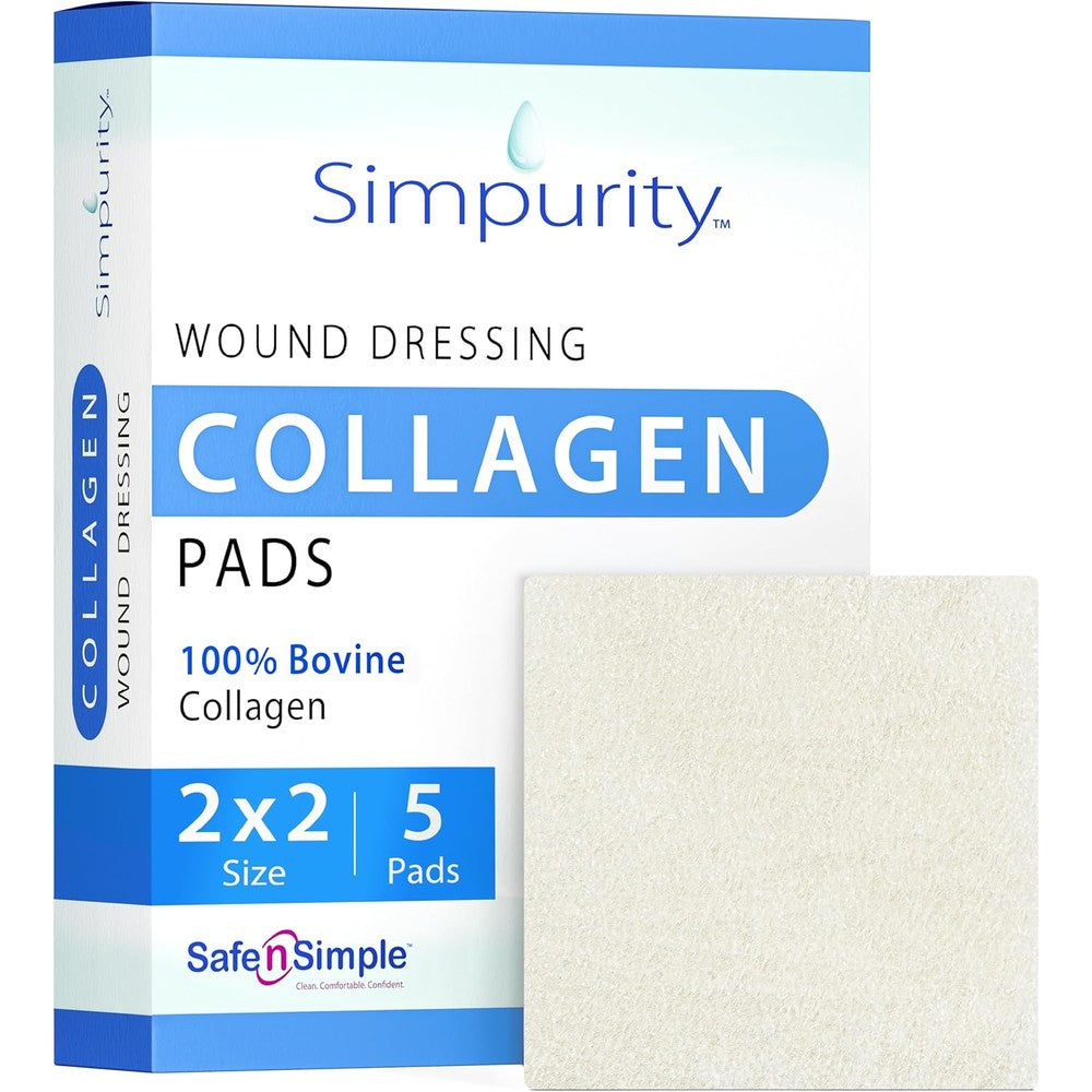 Simpurity collagen dressing pads five count box front view for advanced medical wound care.