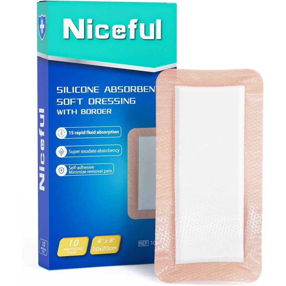 Niceful silicone super absorbent wound dressing box front view showing 4x8 inch dimensions