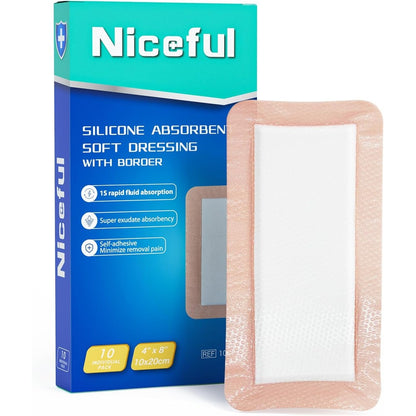 Niceful silicone super absorbent wound dressing box front view showing 4x8 inch dimensions