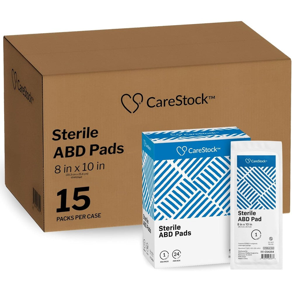 CareStock Sterile Abdominal Pads 8x10 inch 48-pack front view showing authentic medical packaging.