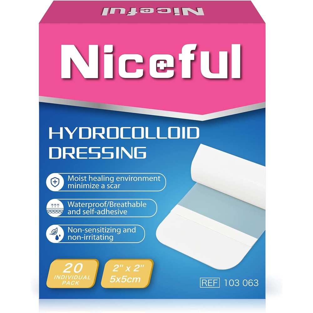Niceful Hydrocolloid Bandages twenty count pack front view showcasing waterproof wound dressing boxes