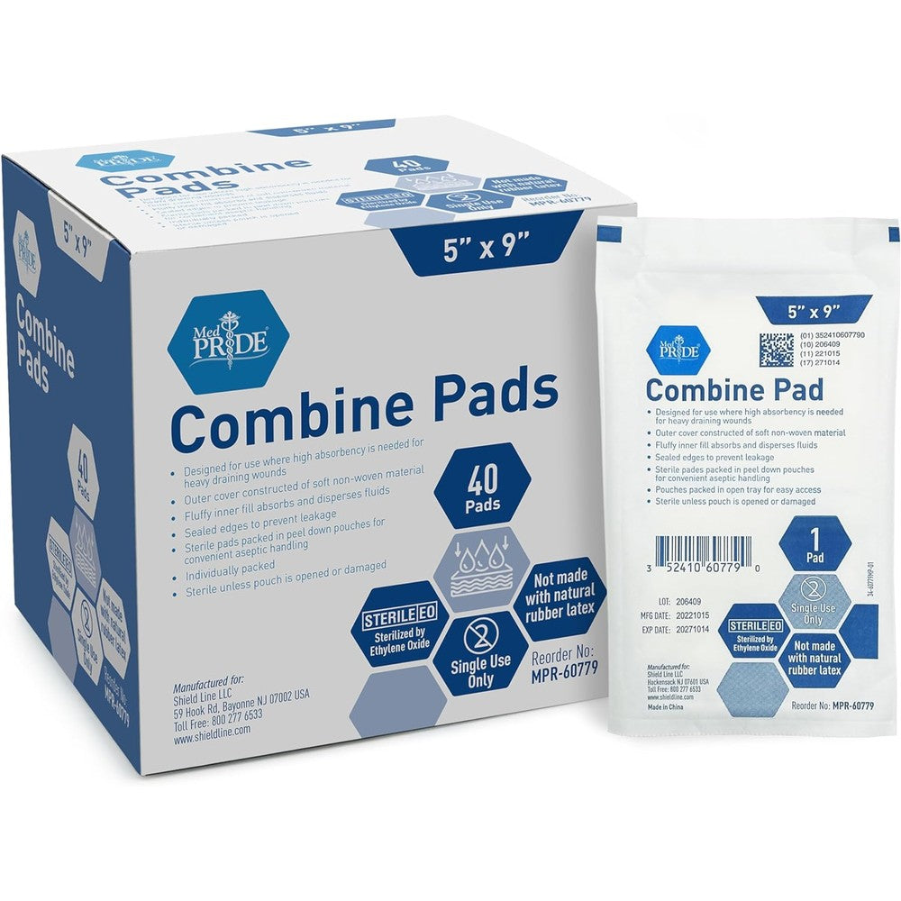 MED PRIDE sterile gauze abd pads front view of packaging box showing forty count details.