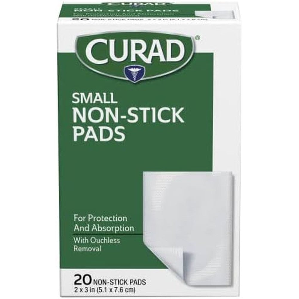 Curad Non Stick Sterile Pads 2x3 inch 20 count front box view for painless first aid care.