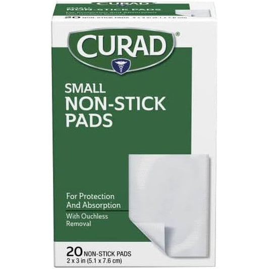 Curad Non Stick Sterile Pads 2x3 inch 20 count front box view for painless first aid care.